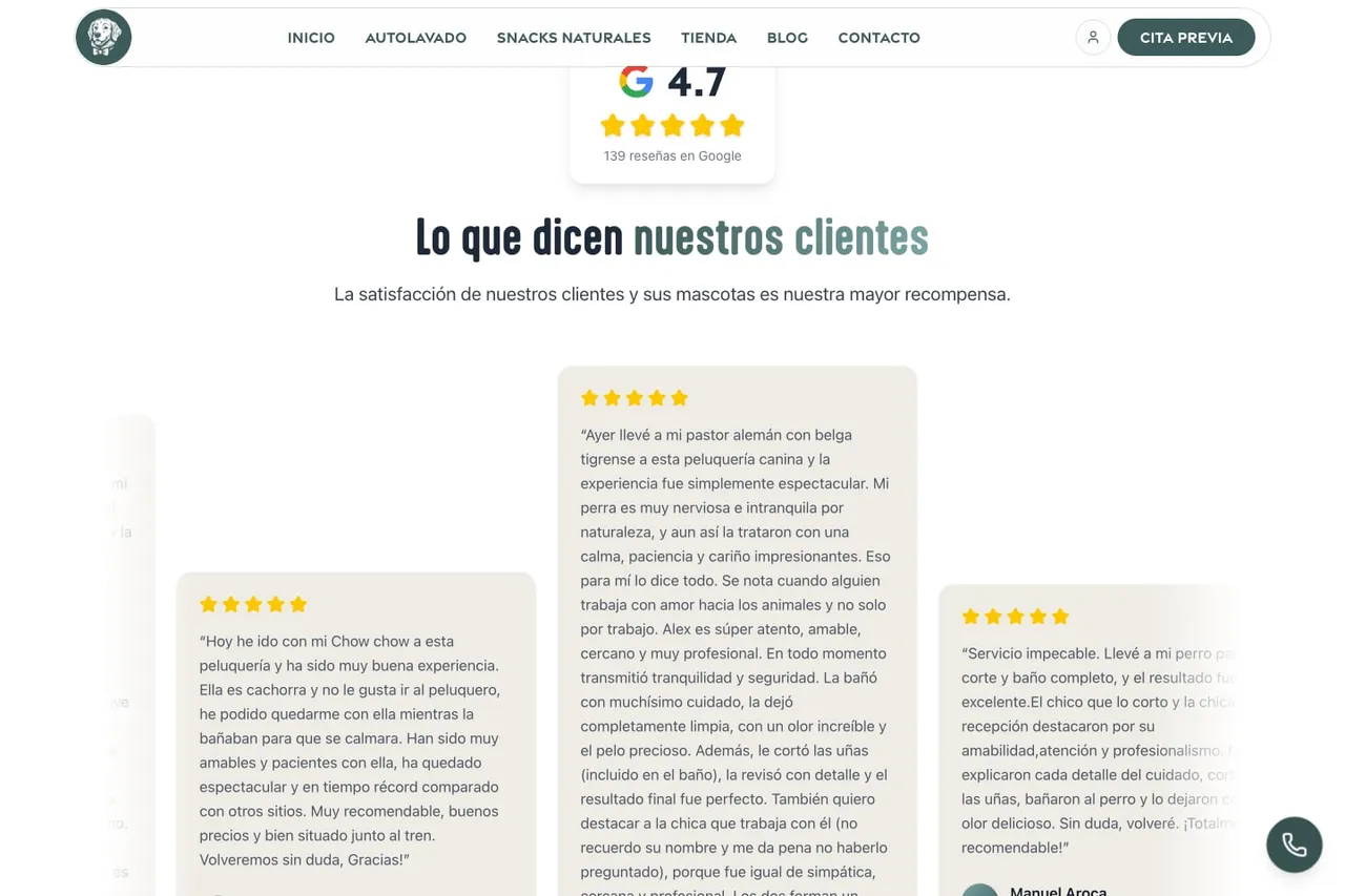 Sección de reseñas de Google en pelohocicopata.com